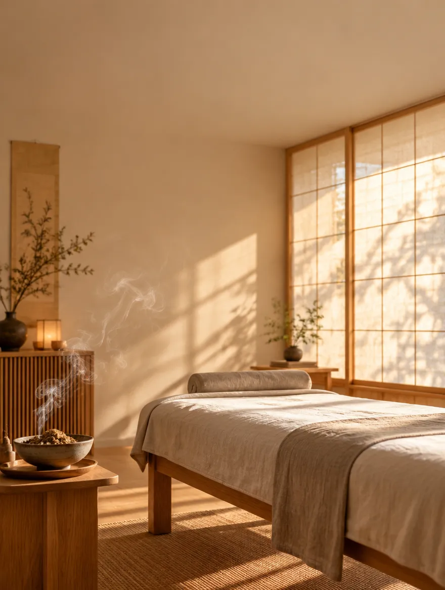 A calm, sunlit treatment room with a ceramic bowl of moxa
