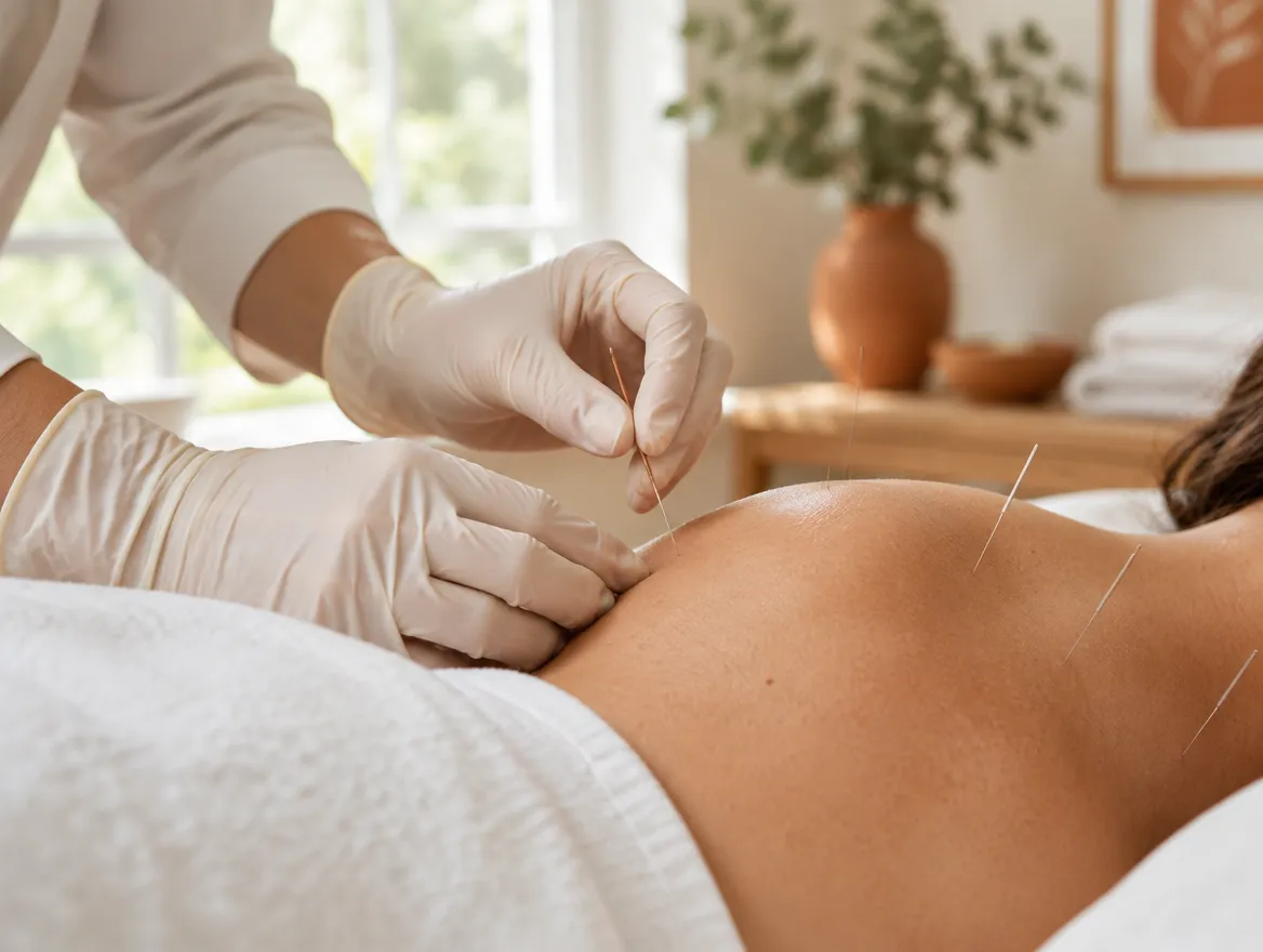 An acupuncturist gently placing a fine needle